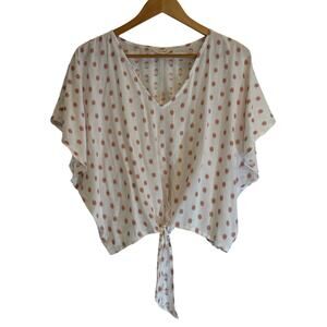 SIM & SAM Blouse Top White Peach Polka Dot Flutter Sleeve Fall | XL